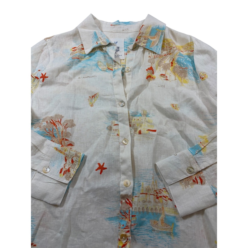 Calypso St Barth Womens Large Linen French Riviera Novelty Print Button Up Shirt